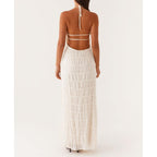 Abyovrt Women Backless Dress Sleeveless Textured Halter Open Back Maxi Dresses Vacation Wedding Guest