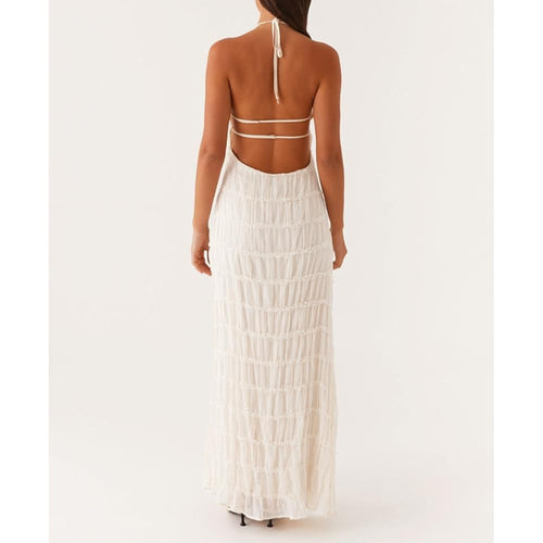 Abyovrt Women Backless Dress Sleeveless Textured Halter Open Back Maxi Dresses Vacation Wedding Guest