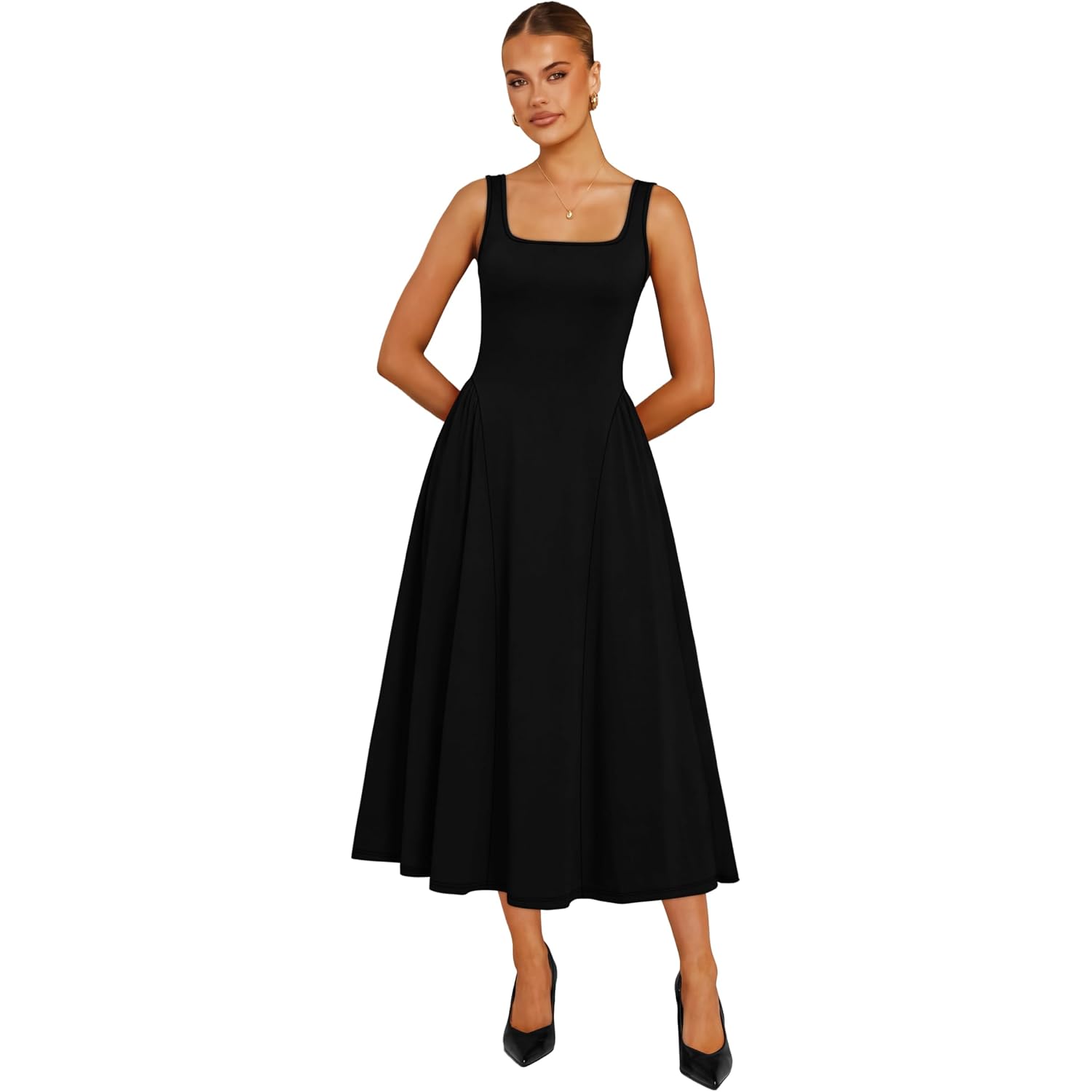 Ofeefan Summer Dresses For Women Square Neck Corset A Line Maxi Dress Ruffle Ruched Waist Flowy Outfits