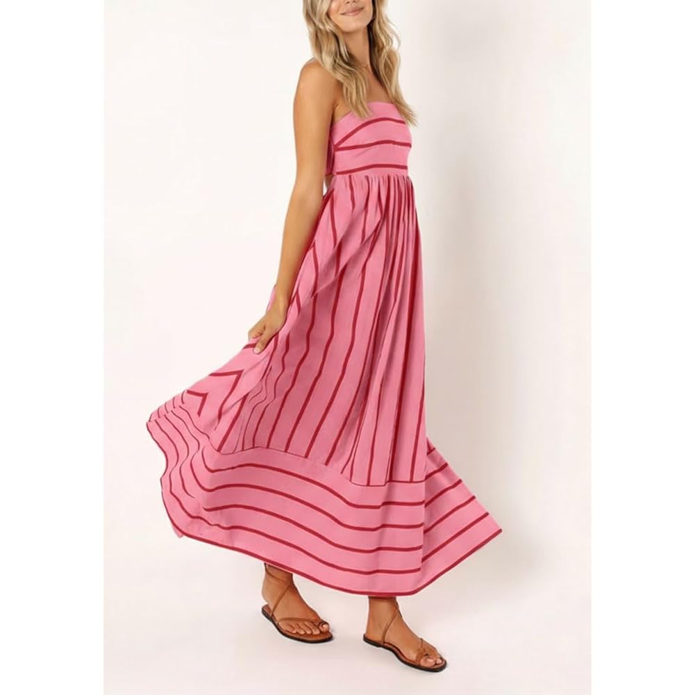 Chouyatou Women'S Striped Back Smocked Maxi Dress Sexy Spaghetti Strap Cut Out Flowy Swing Long Dress