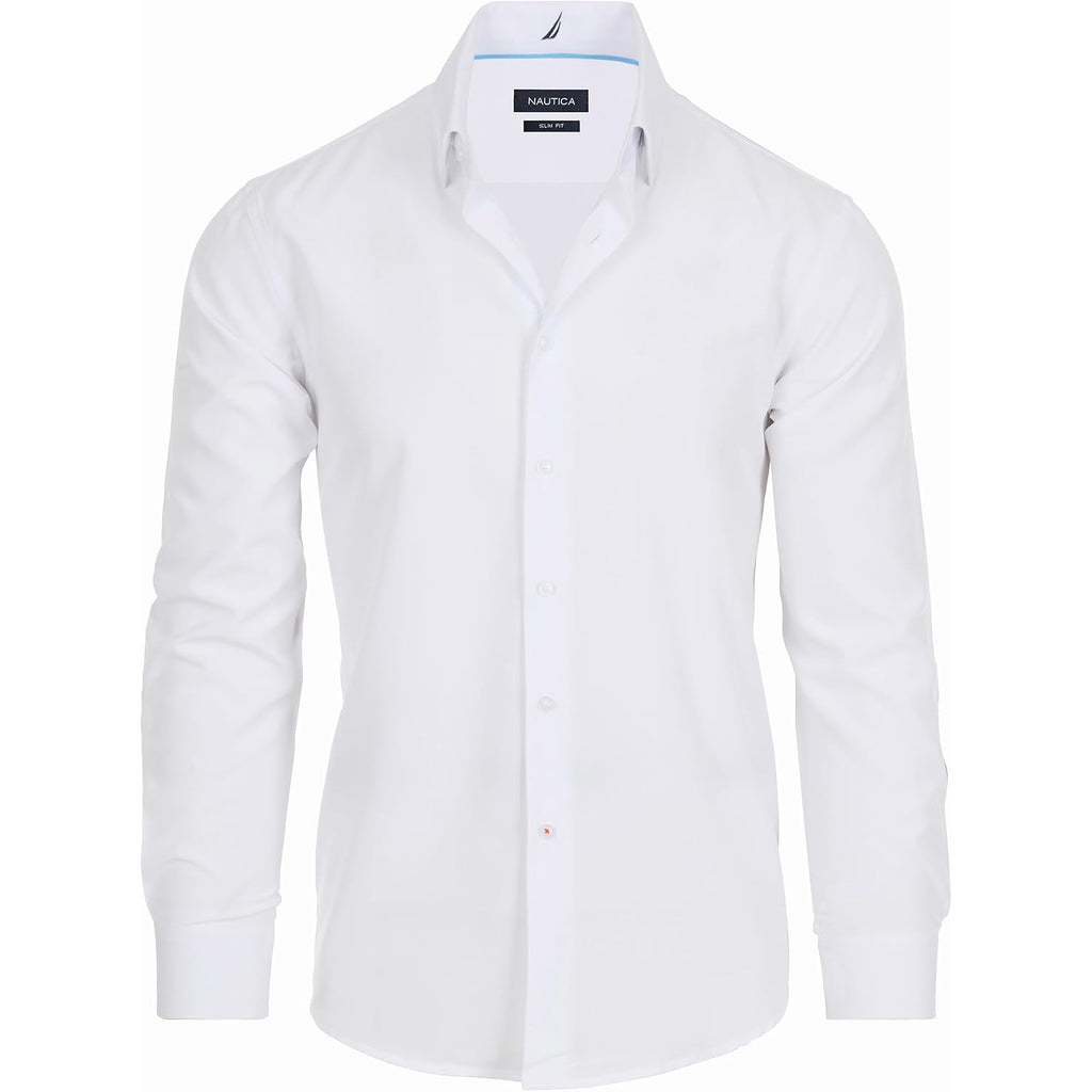 Nautica Slim Fit Mens Dress Shirts Long Sleeve Performance Polyester Fabric Wrinkle Free 4-Way Stretch
