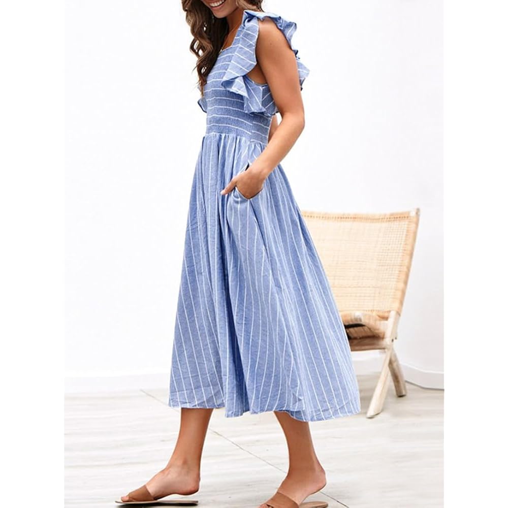Womens Summer Smocked Midi Dress Casual Flutter Sleeve Long Boho Flowy A Line Church Modest Dresses With Pockets