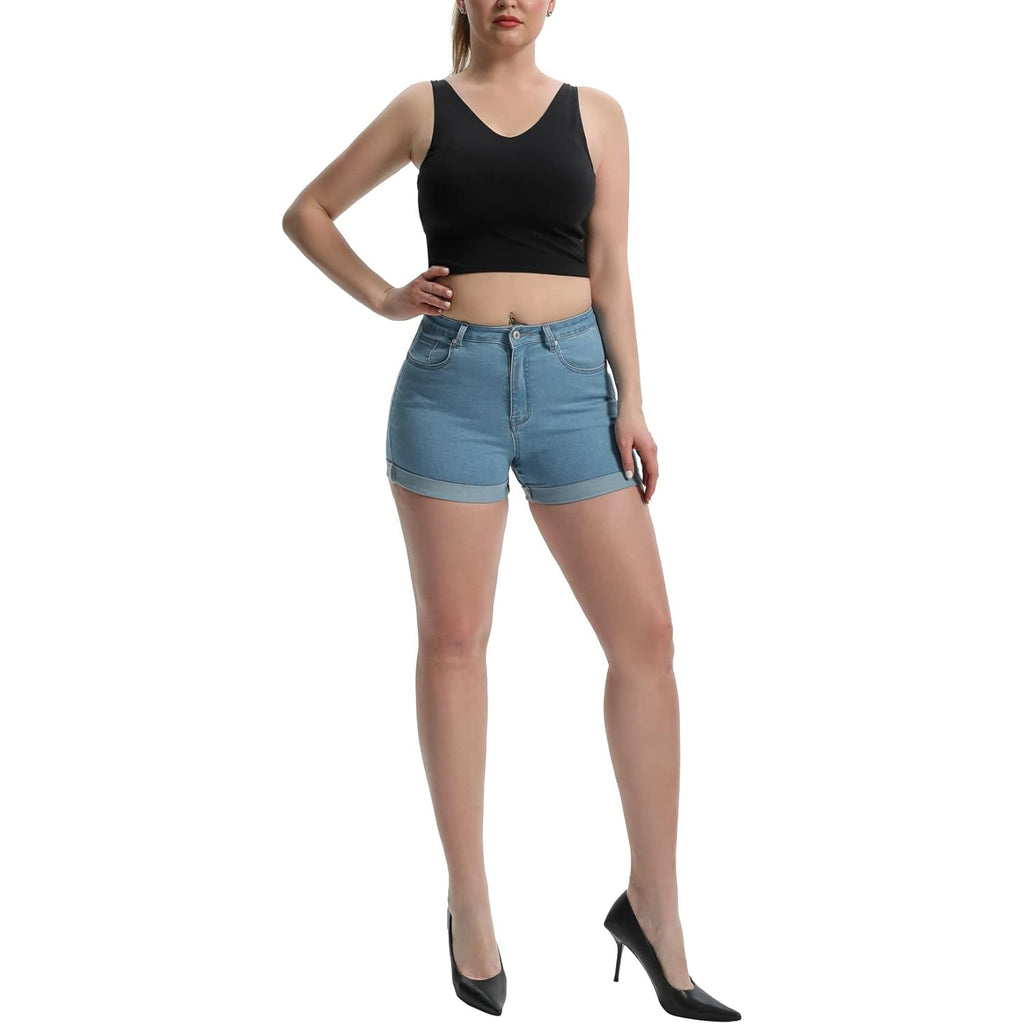 Women's High Waisted Summer Elastic Jean Shorts Folded Hem Hot Denim Shorts for Women