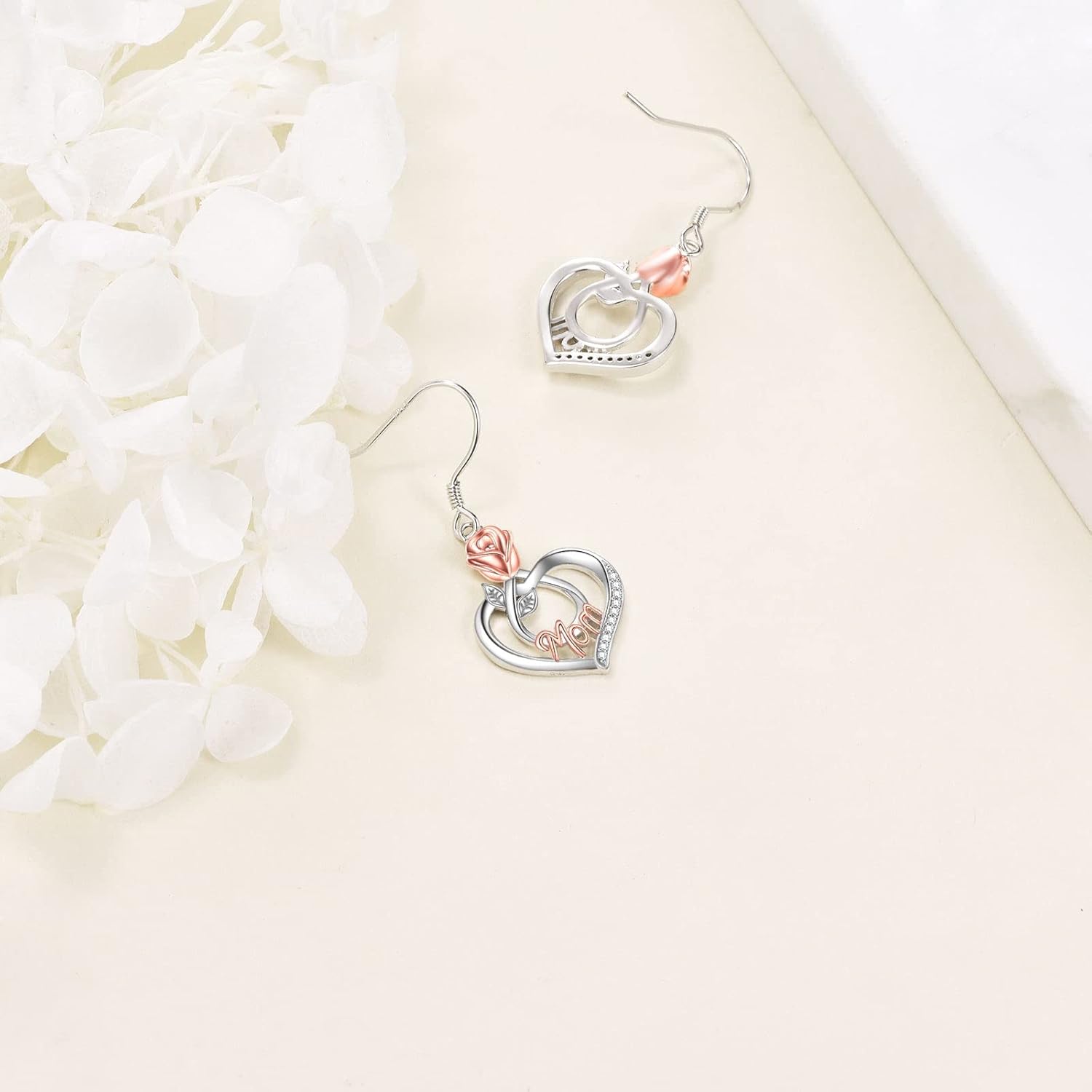 Mothers Day Gifts for Mom Mom Earrings with Rose Flower Love Heart 925 Sterling Silver Crystal Dangle Drop Hook Earrings Jewelry