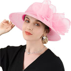 DRESHOW Lady Derby Dress Church Bowler Cloche Hat Bowknot Organza Bridal Cap for Wedding 1 Pack Bowler Hat: Pink
