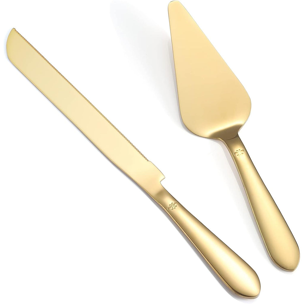 Eisinly Cake Cutting Set for Wedding, Elegant Cake Knife and Server Set with Thickened Stainless Steel Rounded Edges, Cake Cutter Pie Spatula for Birthday Anniversary, 2 Pcs, Gold