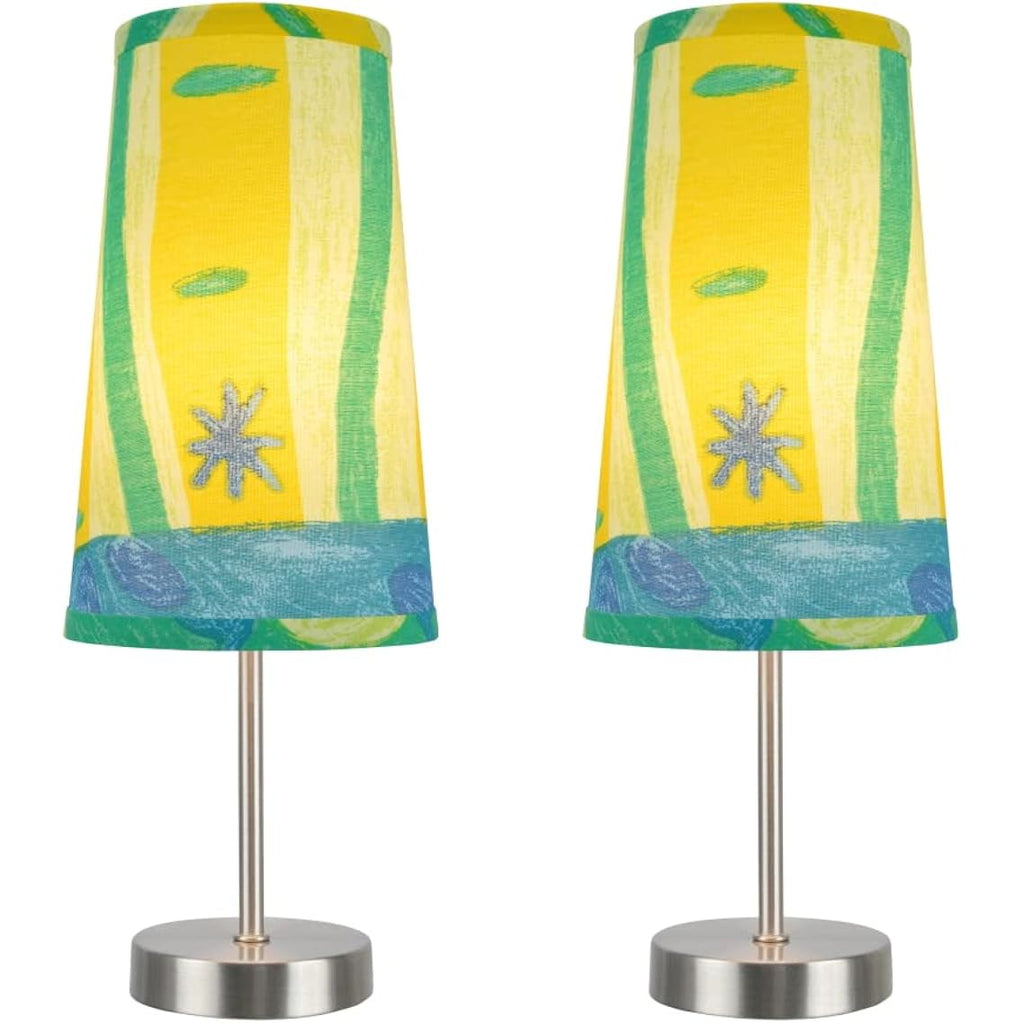 Aspen Creative 40084-4A, 2-Pack Set - 1 Light Candlestick Table Lamp, Contemporary Design In Satin Nickel, 14 1/4" High, Blue, Yellow, Green Lamp Shade