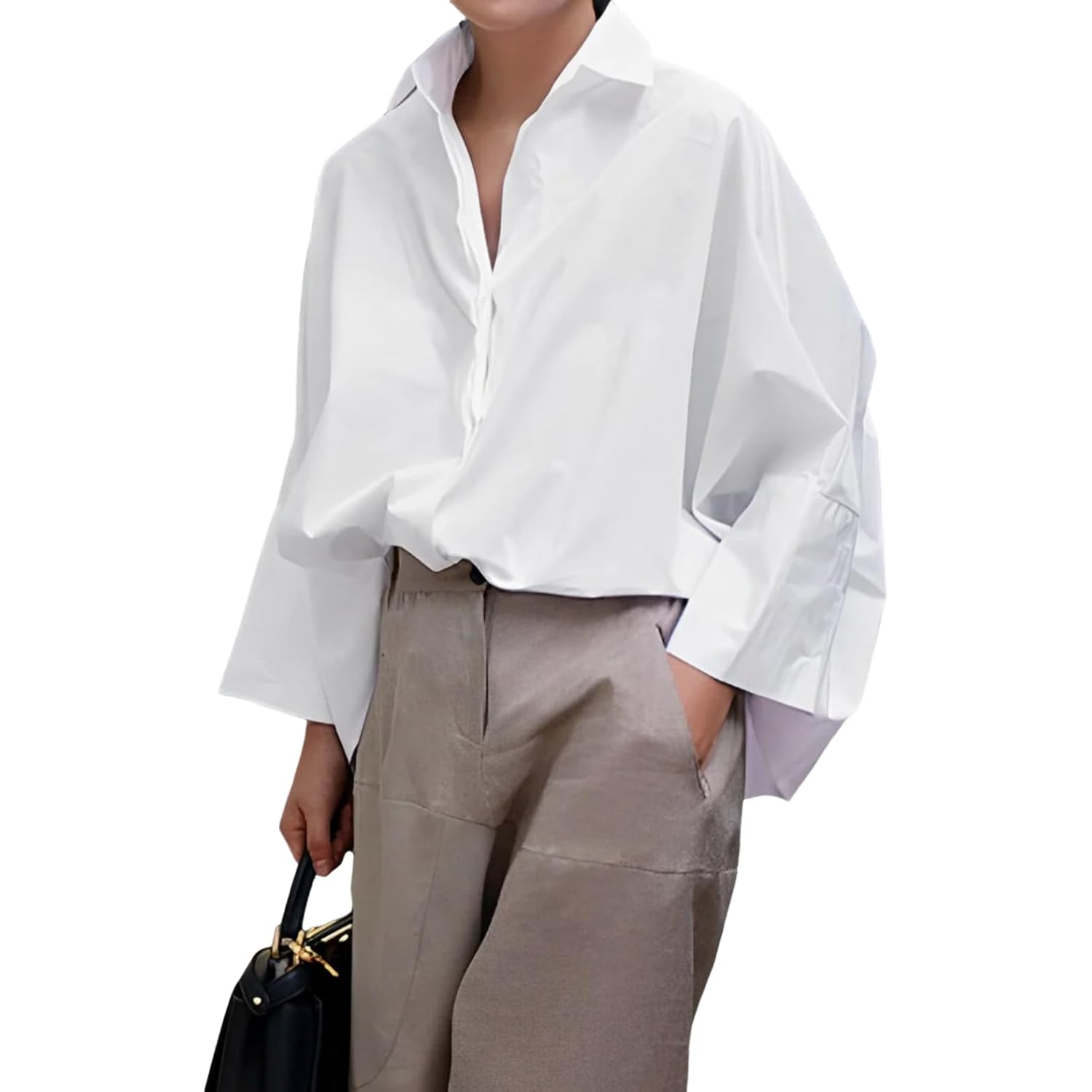 Womens Button Down Shirt Casual 3/4 Sleeve Loose Fit Collared Work Blouse Tops