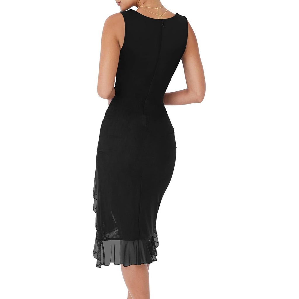Boriflors Women'S Sexy Ruched Bodycon Midi Dresses Square Neck Sleeveless Ruffle Hem Club Party Tank Dress