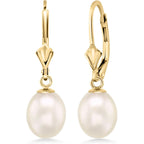 Gem Stone King 14K Gold 9MM Cultured Freshwater Pearl Dangle Earrings For Women | Leverback Gold Drop Earrings | Fine Jewelry Gifts for Women Her Mom Wife