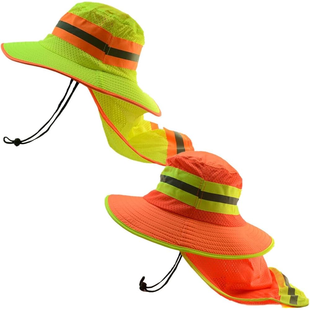 Glory Max High Visibility Reflective Work Safety Bucket Hat Cap Mesh Neck Flap Full Brim 1pc Green +1pc Orange