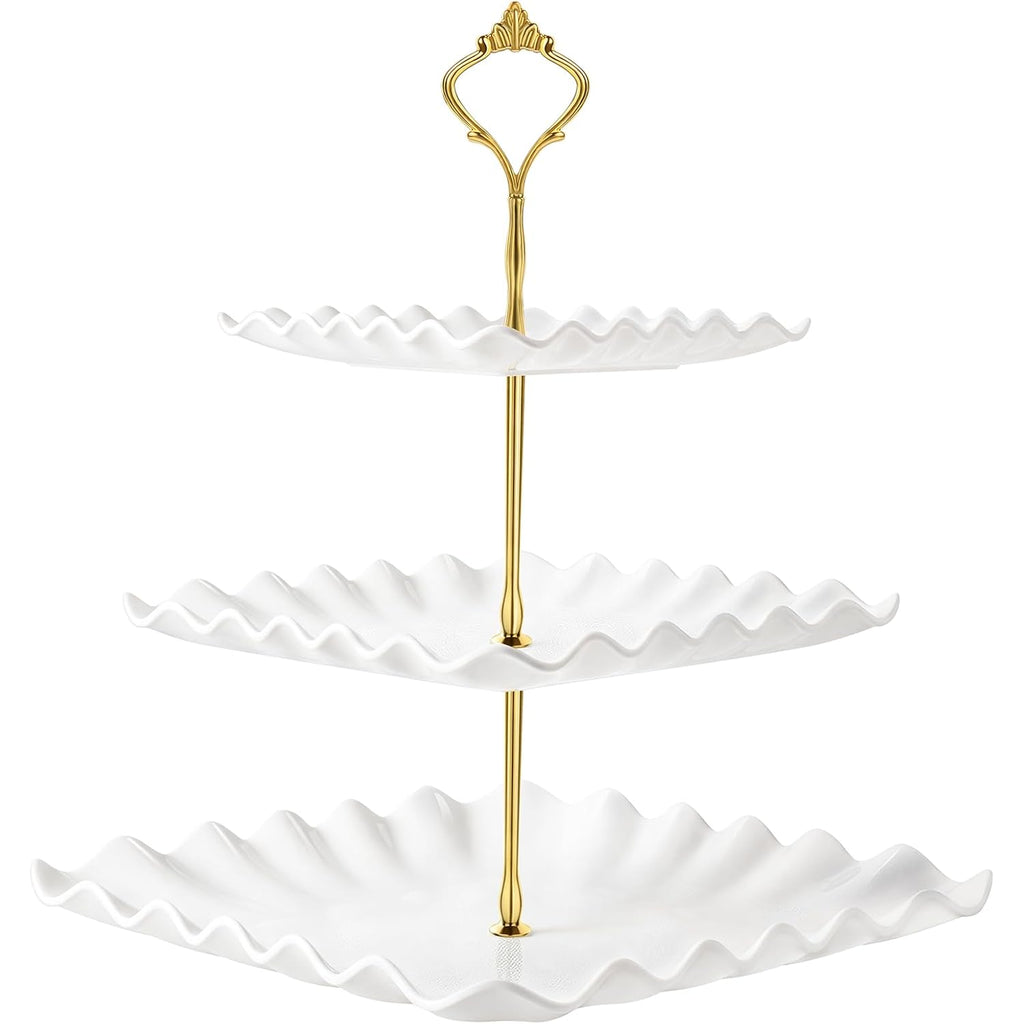 DAFURIET Dessert Cupcake Stand, 3 Tier Cup Cake Holder Tower for Tea Party/Birthday/Wedding, Plastic Tiered Serving Tray with Metal Rod, White