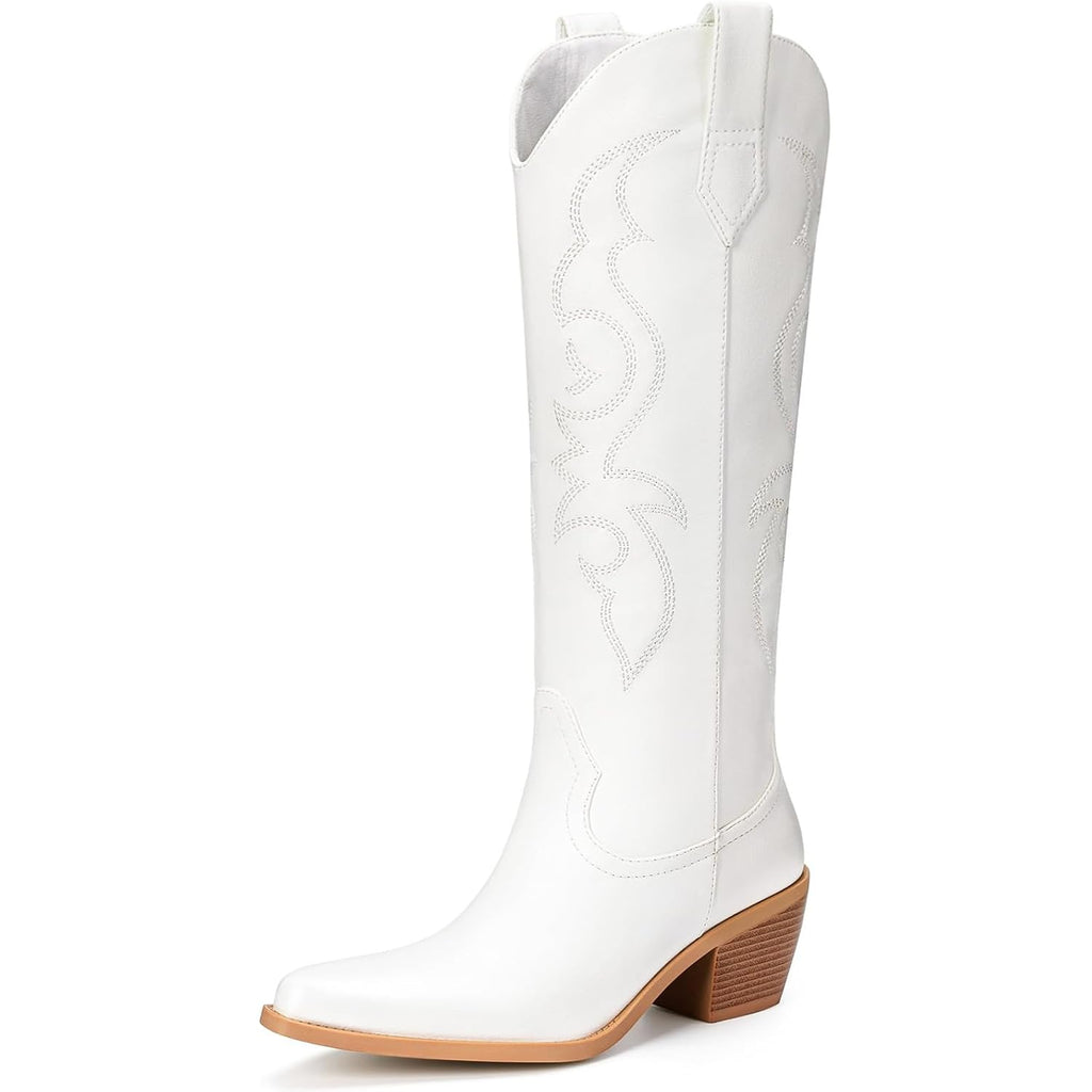 White Cowboy Boots For Women - Wide Calf Rhinestone Cowgirl Boots, Women Knee High Western Boots, Glitter Sparkly Ladies Tall Boots With Classic Embroidery And Side Zipper, Retro Classic Country Boots Pull On For Ladies