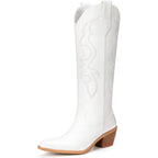 White Cowboy Boots For Women - Wide Calf Rhinestone Cowgirl Boots, Women Knee High Western Boots, Glitter Sparkly Ladies Tall Boots With Classic Embroidery And Side Zipper, Retro Classic Country Boots Pull On For Ladies