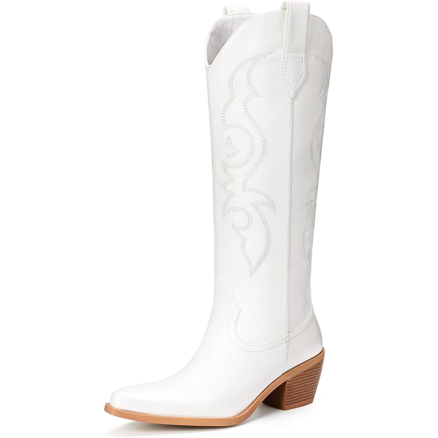 White Cowboy Boots For Women - Wide Calf Rhinestone Cowgirl Boots, Women Knee High Western Boots, Glitter Sparkly Ladies Tall Boots With Classic Embroidery And Side Zipper, Retro Classic Country Boots Pull On For Ladies