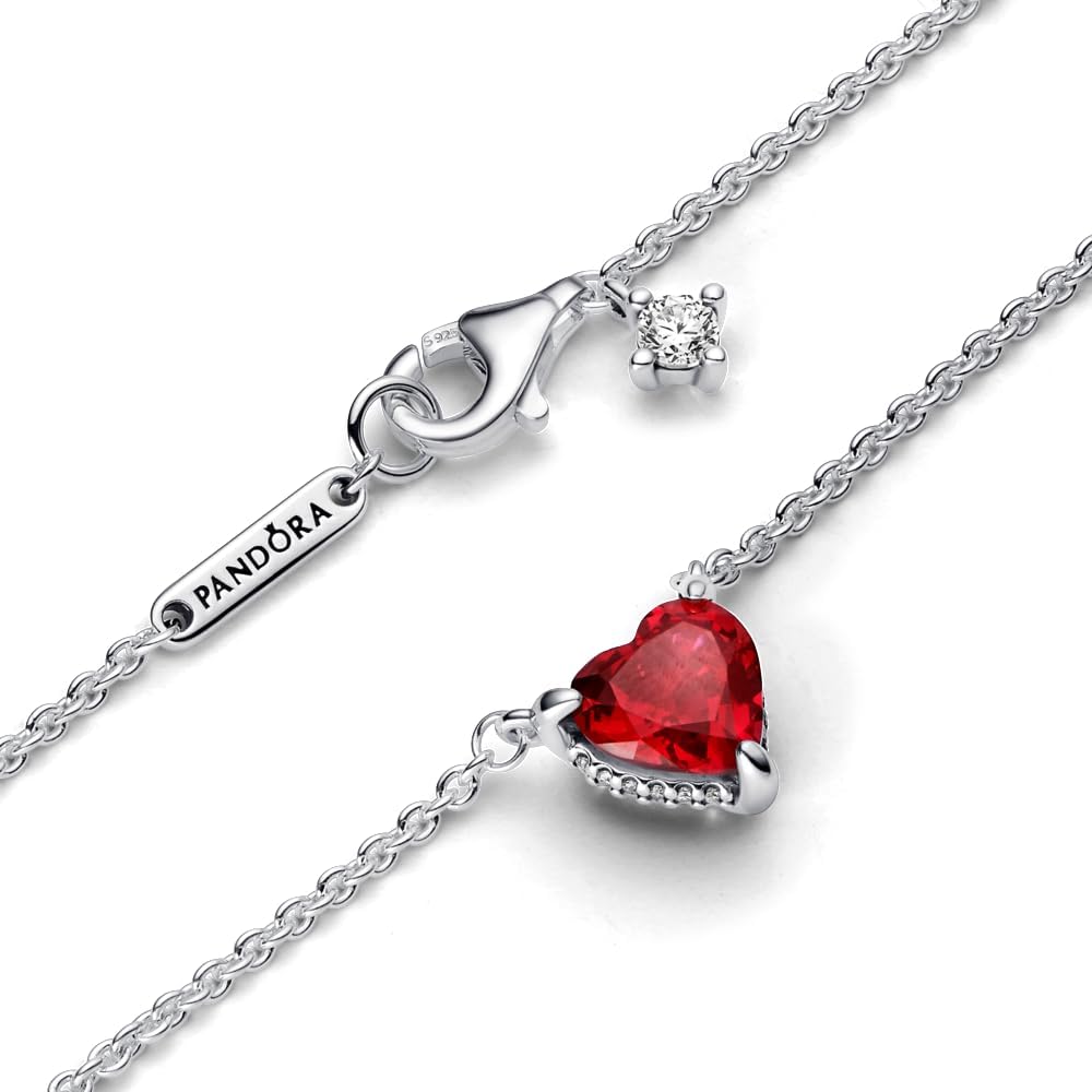 PANDORA Sparkling Heart Halo Pendant Collier Necklace - Adjustable Necklace - Stunning Women's Jewelry - Gift for Her - Sterling Silver with Red Crystal - With Gift Box - 17.7"