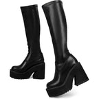 Womens Elastic Knee High Platform Chunky Block High Heel Sock Boots Zipper Round Toe Fashion Motorcycle Combat Punk Boots For Women