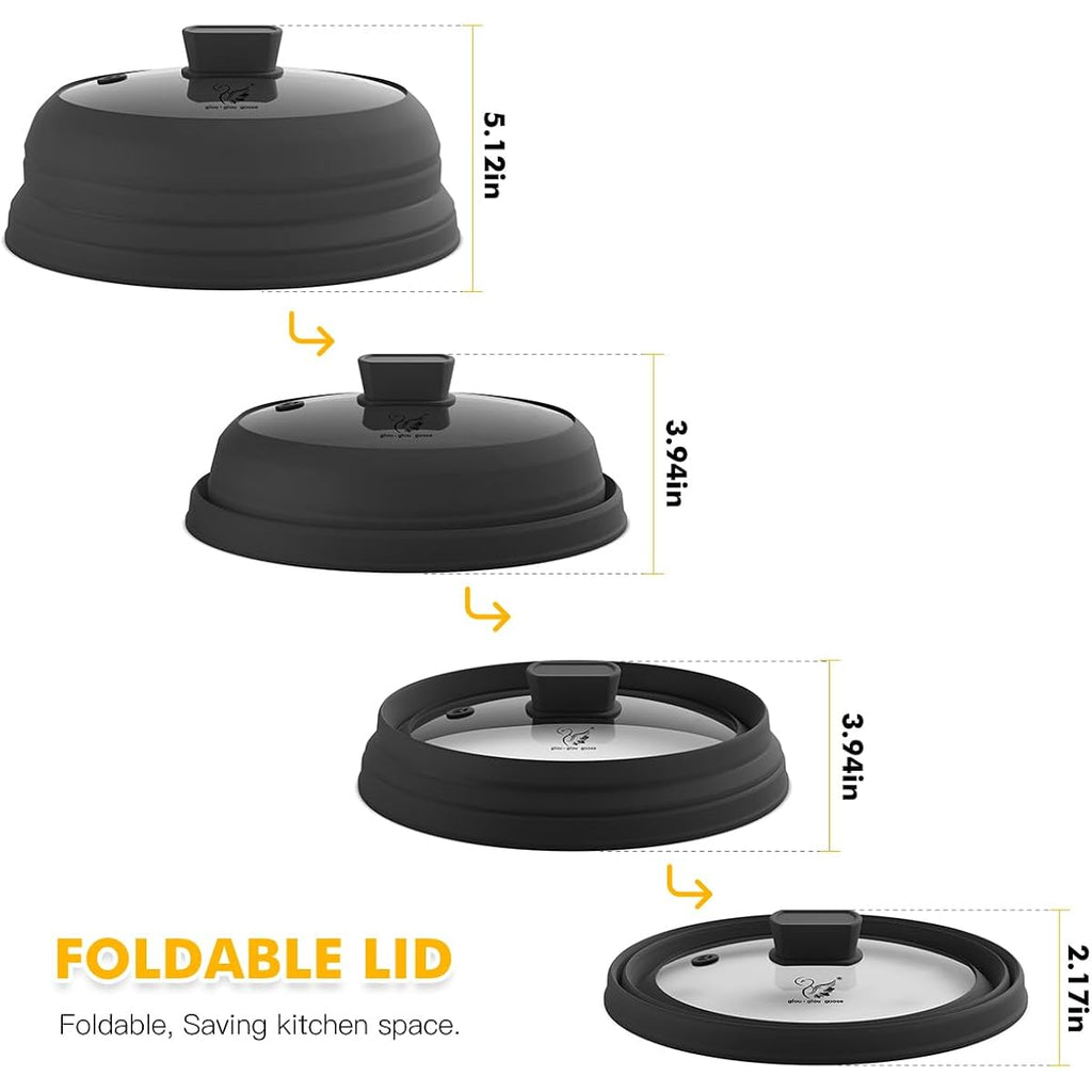 Microwave Splatter Cover Glass Splatter Guard Lid with Collapsible Silicone for Food Pot Cover Plate Cover 10.8 inch Black