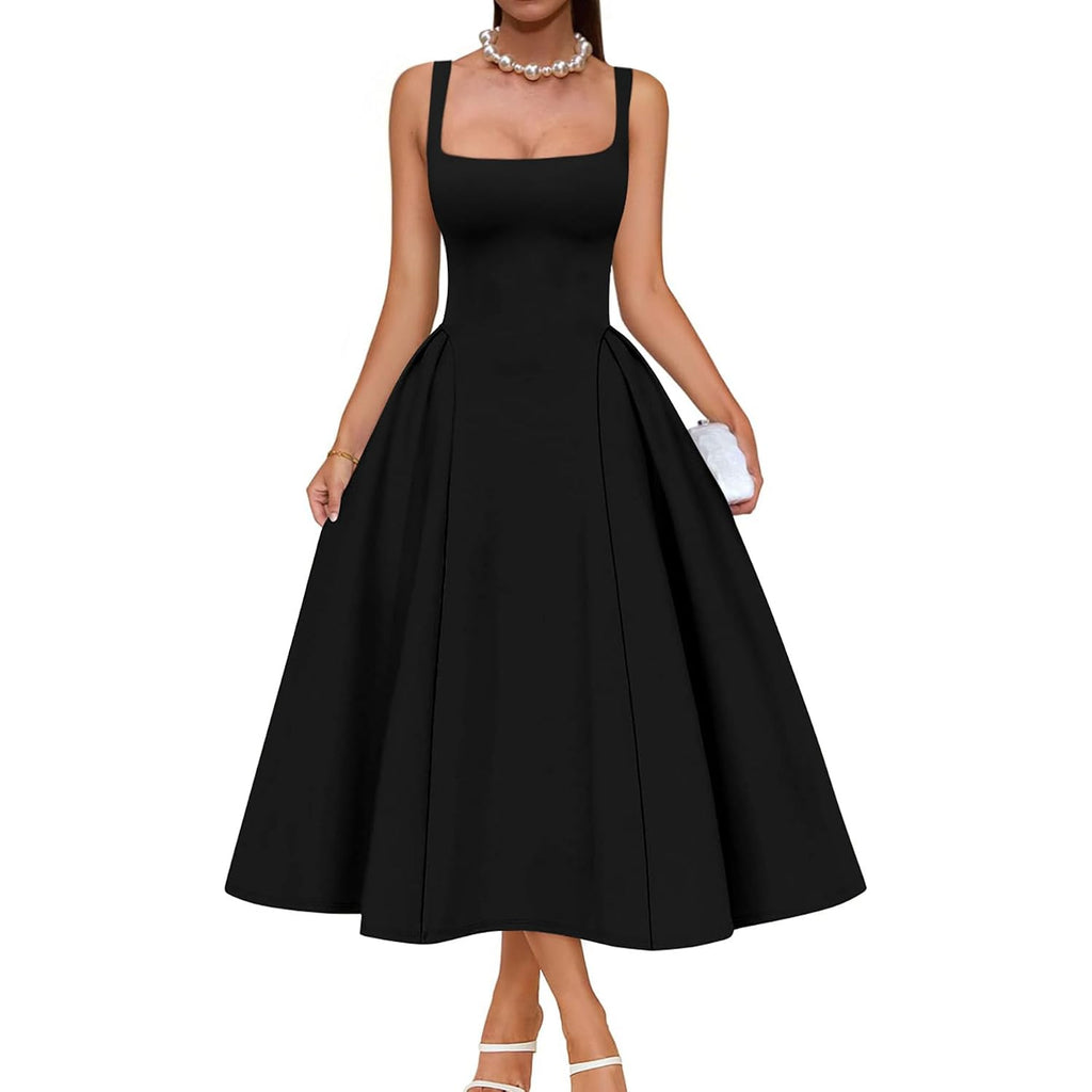 Memoriesea Women'S Elegant Square Neck Swing A Line Wedding Evening Party Midi Dress