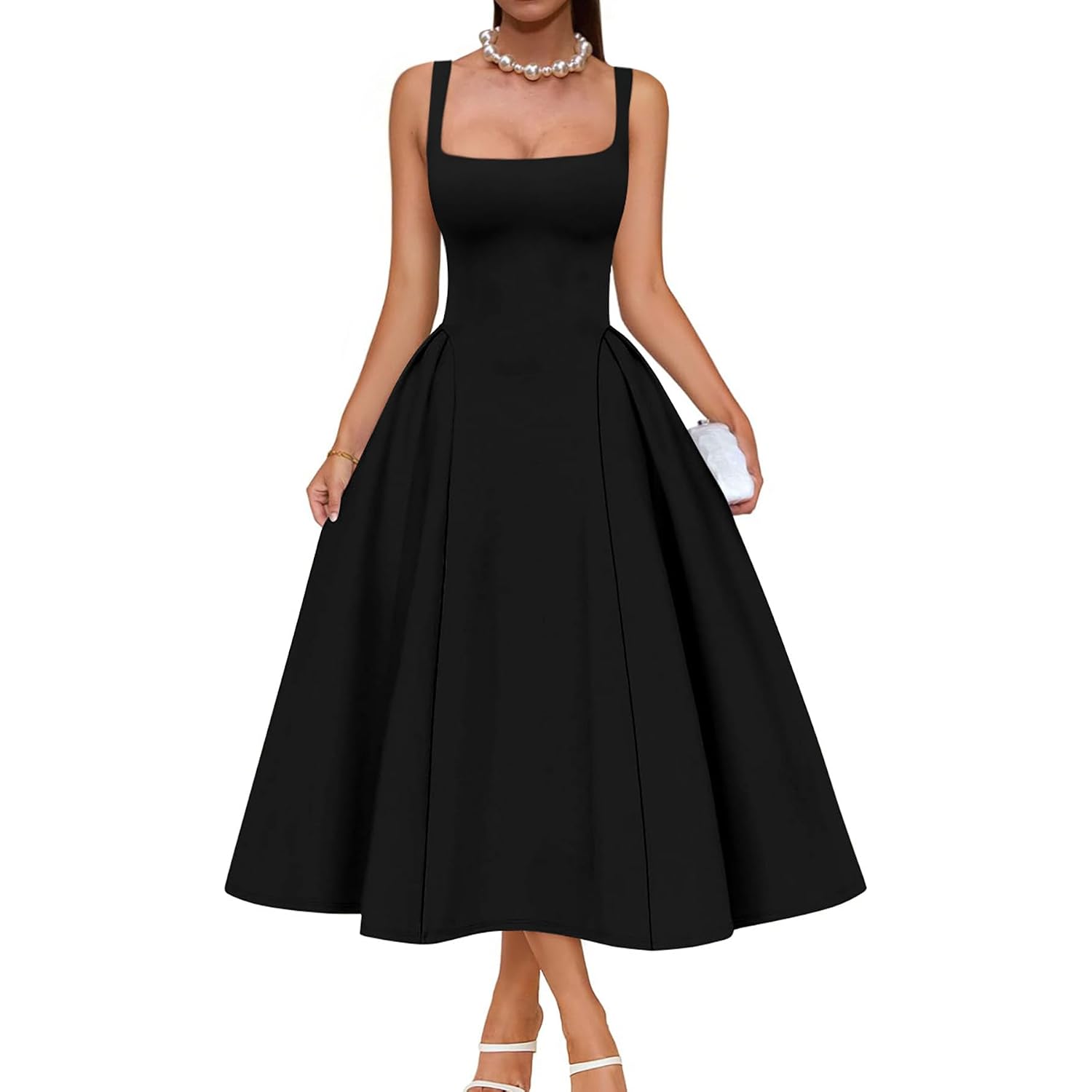 Memoriesea Women'S Elegant Square Neck Swing A Line Wedding Evening Party Midi Dress