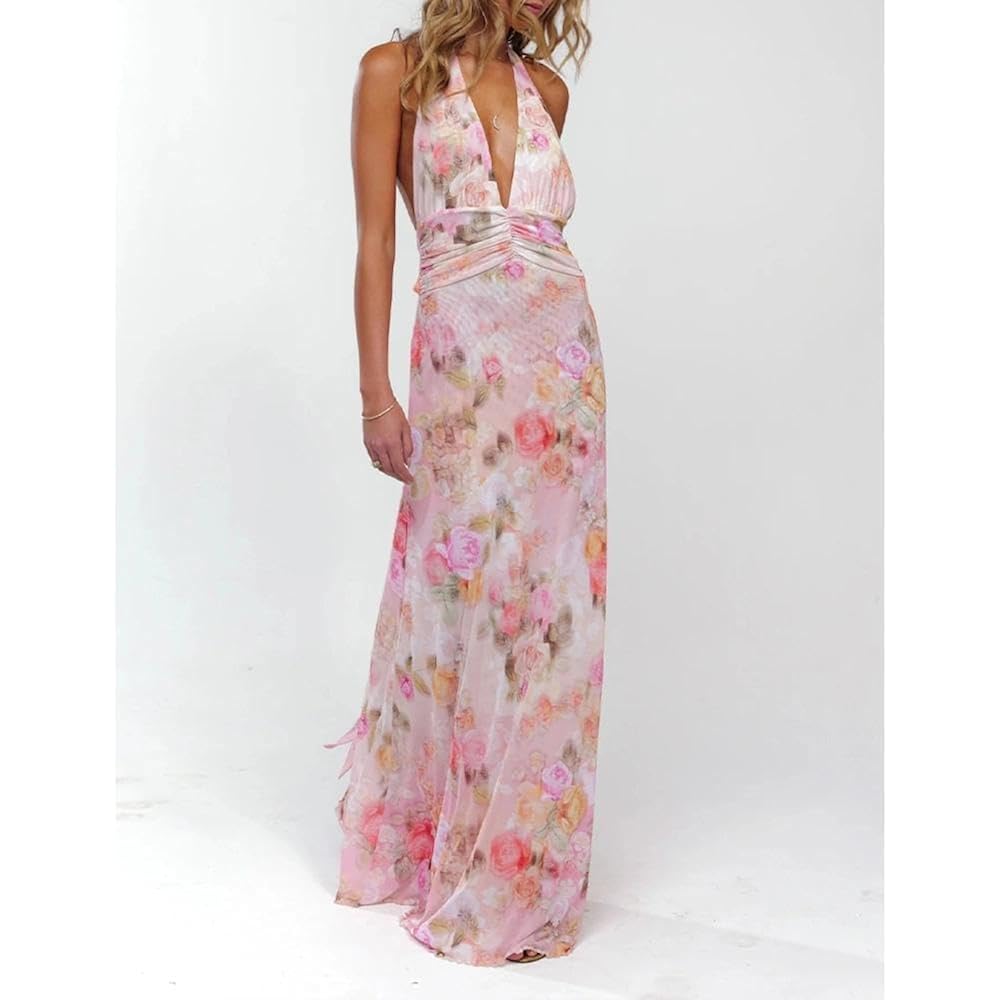Women Halter Backless Dress Deep V Neck Open Back Mesh Maxi Dress Beach Vacation Wedding Guest