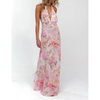 Women Halter Backless Dress Deep V Neck Open Back Mesh Maxi Dress Beach Vacation Wedding Guest