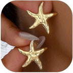 14K Gold Plated Starfish Earrings for Women Trendy, Boho Summer Beach Starfish Earring Gold Statement Hypoallergenic Studs Vacation Outfits Accessories Jewelry