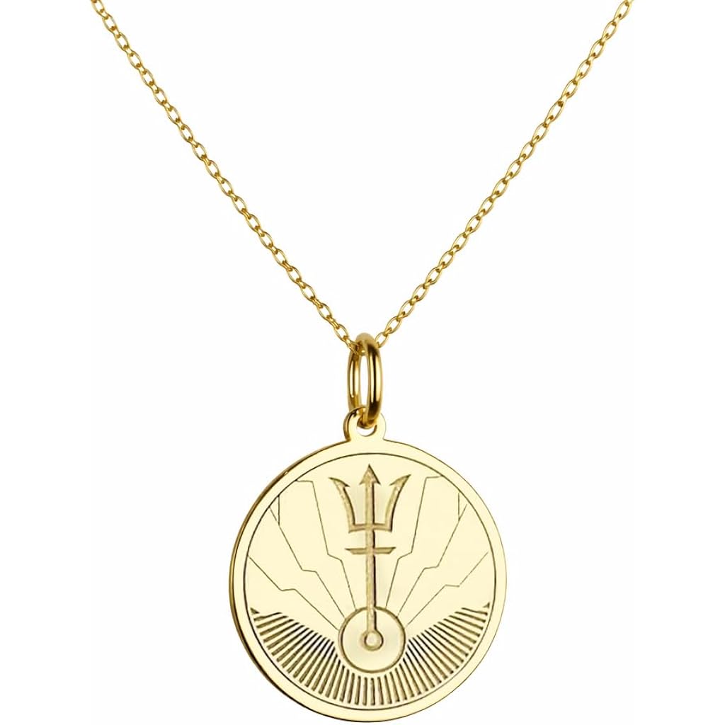 14K Solid Gold Trident Necklace – Ocean Inspired Pendant for Women & Men – Mythology Symbol Medallion Charm – Minimalist Sea Power Jewelry – Nautical Coin Necklace Gift