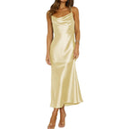 Summer Satin Spaghetti Strap Cowl Neck Backless Midi Dresses For Women Elegant Tie Low Back Ruched Cocktail Dress