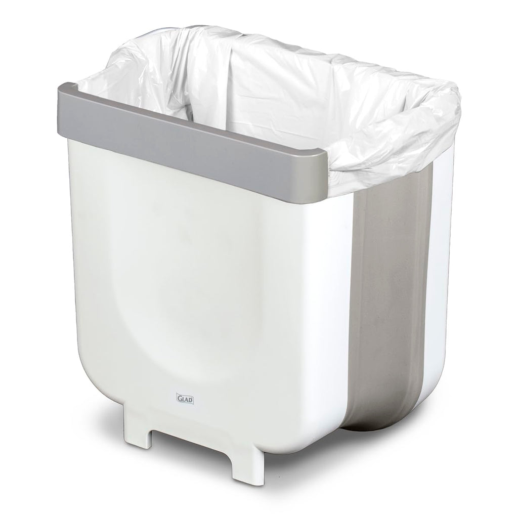 Glad Roomate Collapsible Waste Bin | Compact Travel Trash Can With Space-Saving Expandable Design | Indoor And Outdoor Disposal Basket, 2 Gallon, White