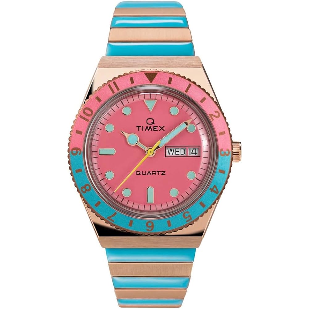 Timex Q Malibu Women'S 36Mm Watch – Gold-Tone Case Black Dial With Orange & Gold-Tone Stainless Steel Expansion Band