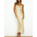 Summer Satin Spaghetti Strap Cowl Neck Backless Midi Dresses For Women Elegant Tie Low Back Ruched Cocktail Dress