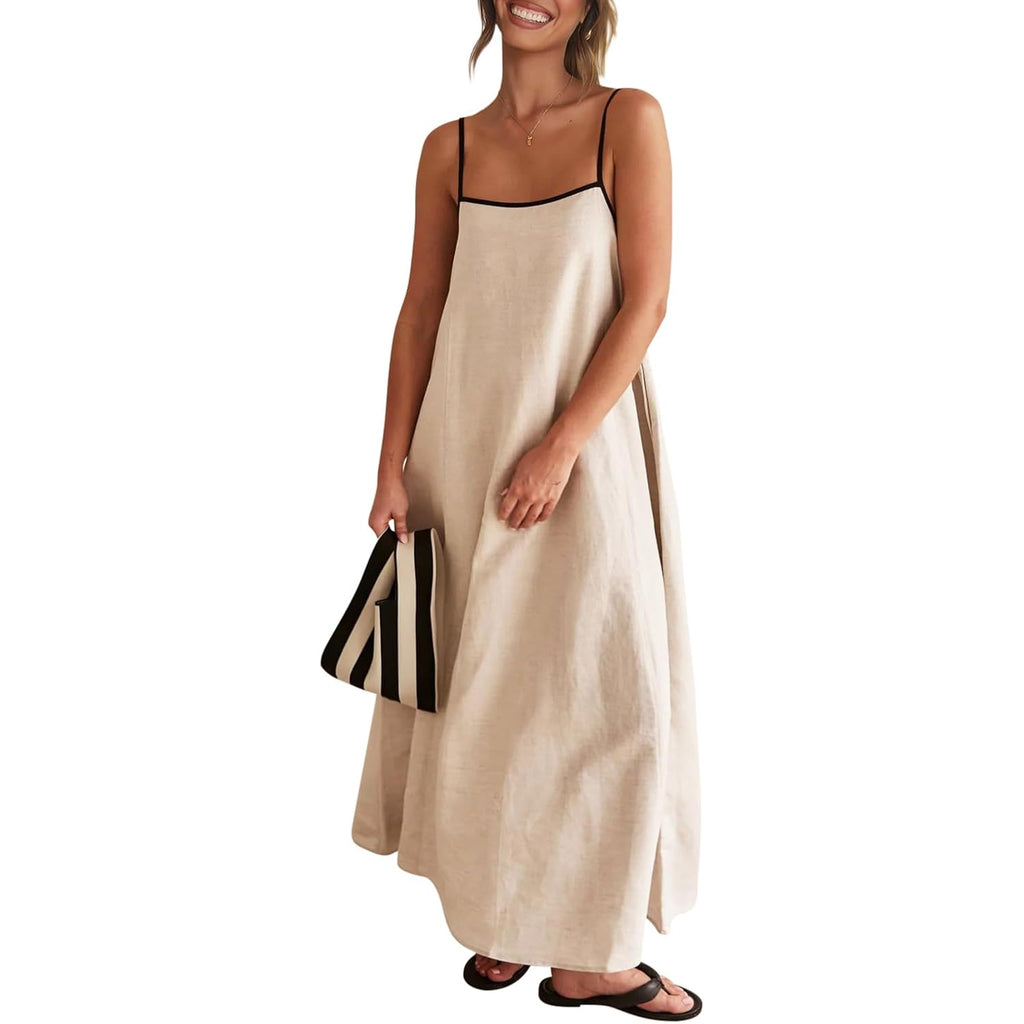 Senllen Women'S Linen Dress Summer Loose Flowy Sundress Contrast Spaghetti Strap Sleeveless Backless Beach Maxi Long Dresses