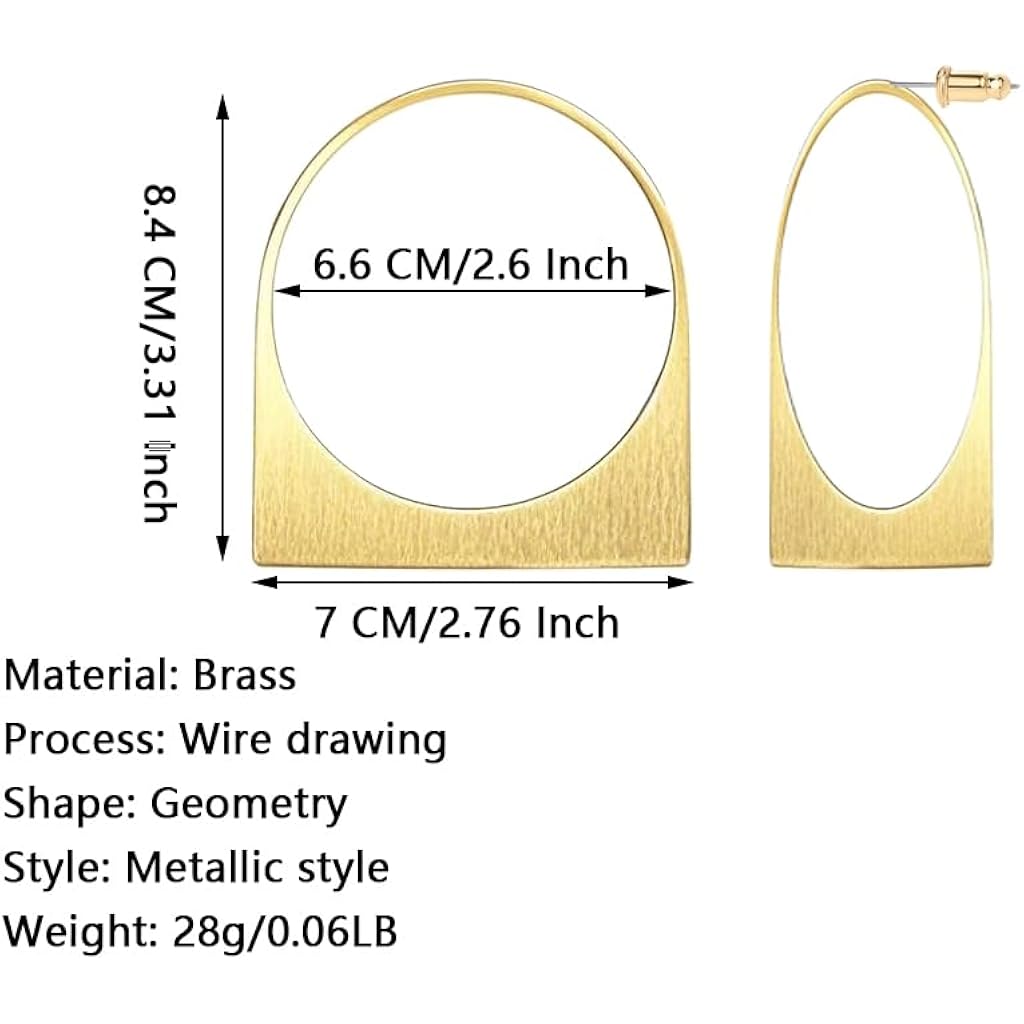 Large Gold Hoop Earrings, 14k Plating Big Chunky Geometric Hollow Brushed Metal Sheet Drop Dangle Huggie Studs Womens Statement Jewelry Gift (Hollow Gold)