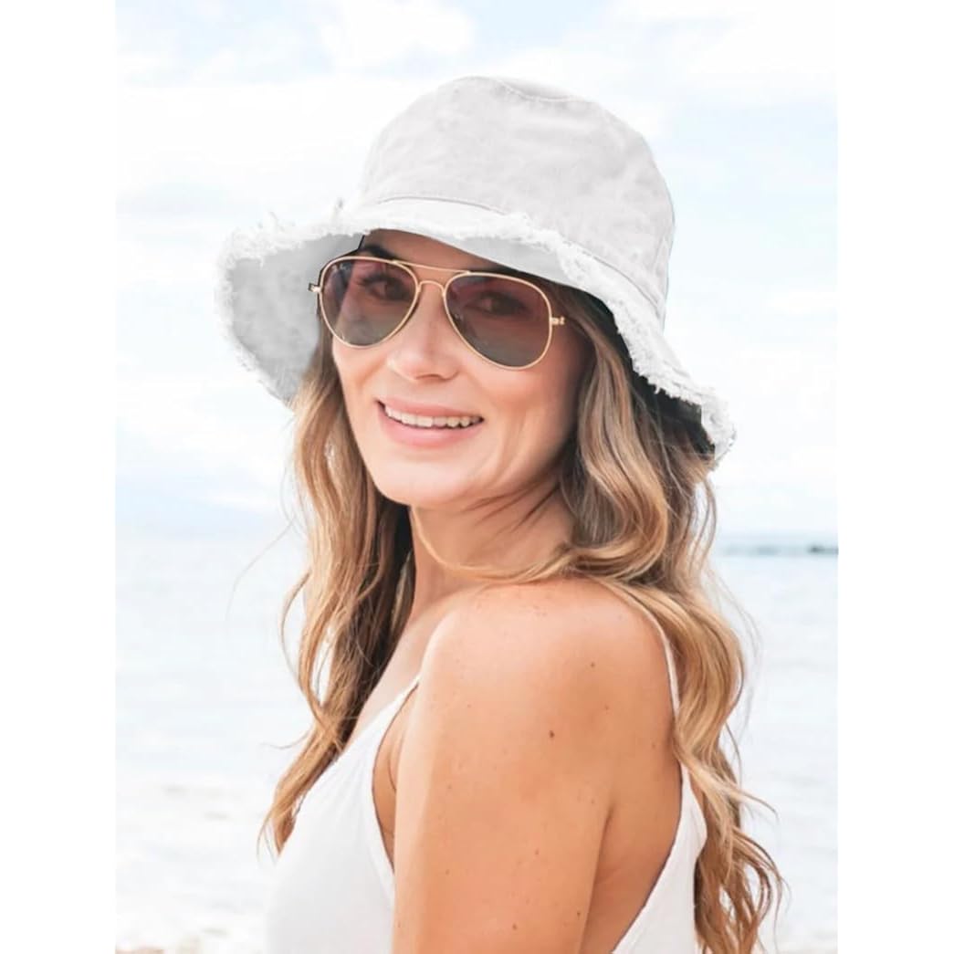 Bucket-Hat-Distressed Sun-Protection Washed-Cotton Beach-Sun-Hat - Summer-Wide-Brim(3.2inch Brim) Beach-Cap(Size:S-M) White 01