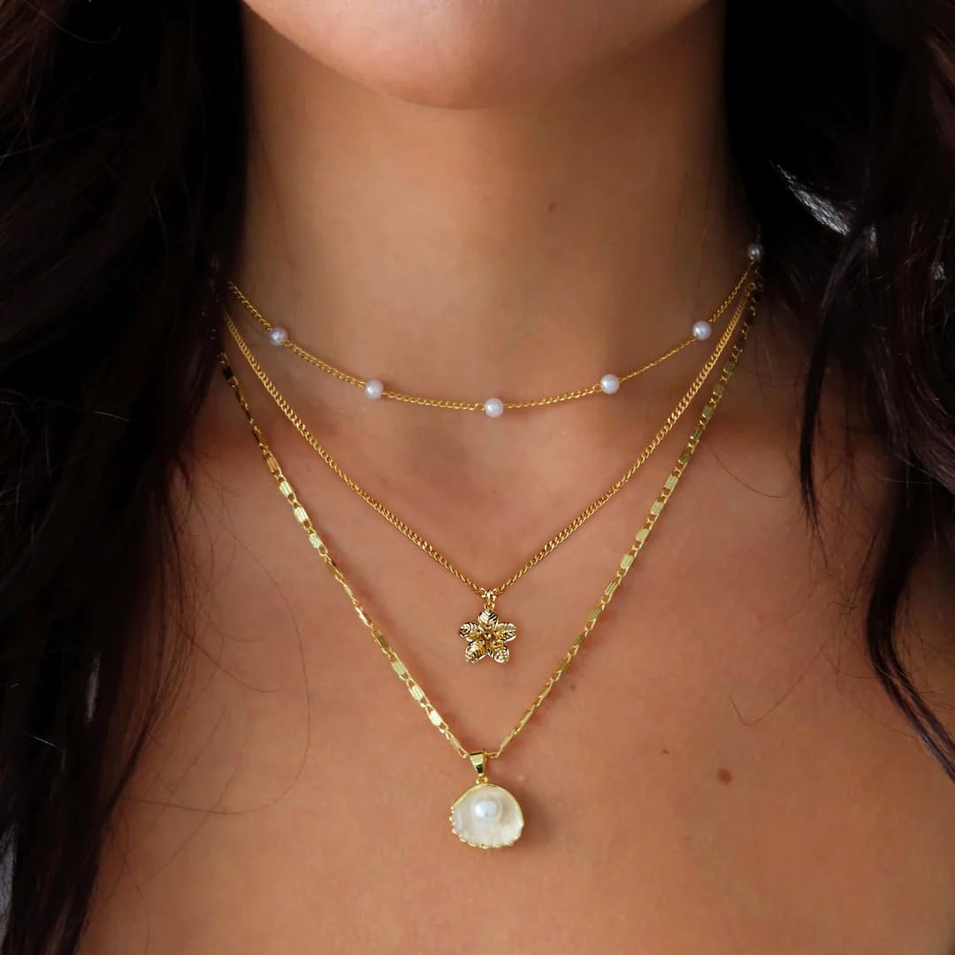 Charm Necklaces for Women,14k Gold Plated Waterproof Dainty Choker Necklace Summer Seashell Pearl Beach Cute Necklaces Set Fashion Jewelry Gift