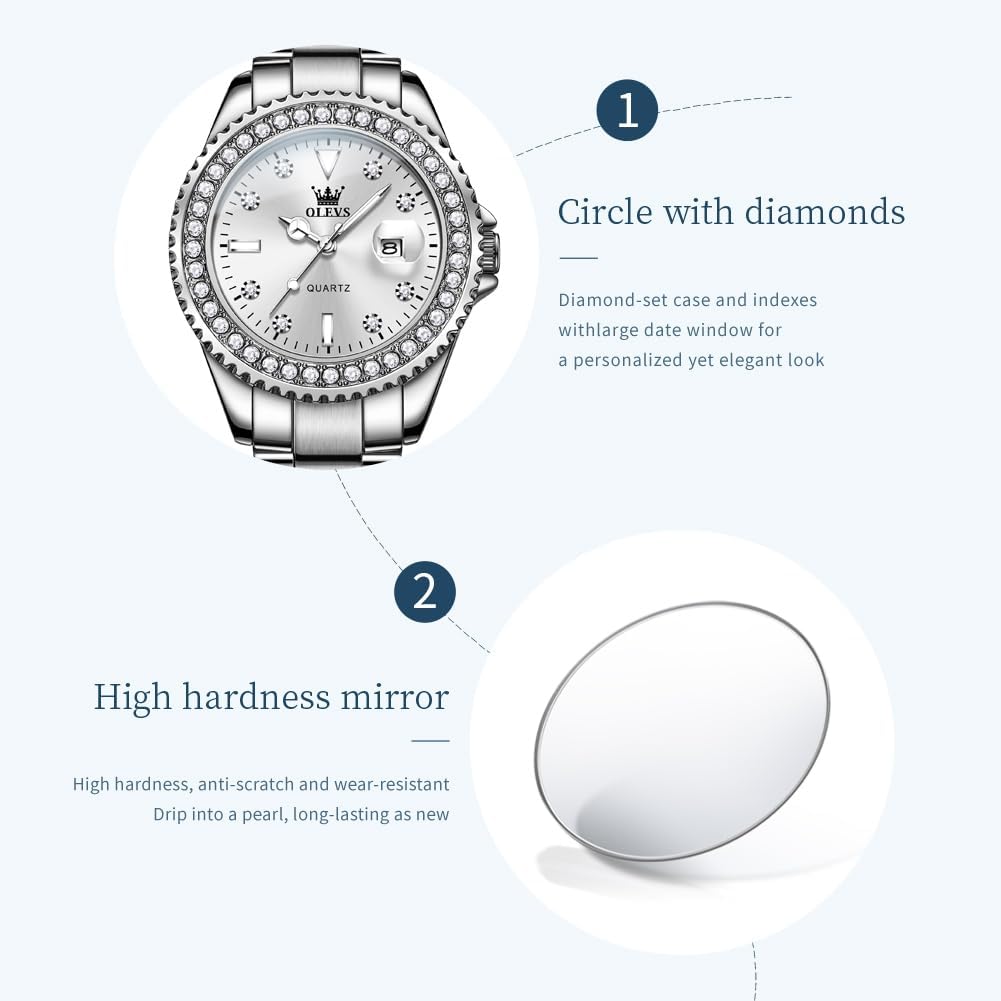 Olevs Quartz Watch Women Silver Stainless Steel Waterproof Luminous