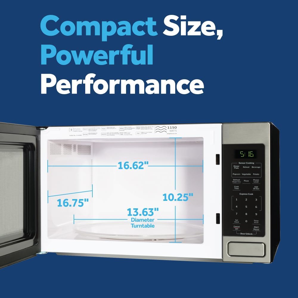 Ge Countertop Microwave Oven, 1150 Watt, 1.6 Cu. Ft., Stainless Steel | 8 Convenience Cook Settings, One-Touch Controls, Child Lock Technology, Glass Turntable, For Kitchen, Dorm, Office, Apartment