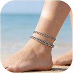 2PCS Ankle Bracelets for Women - Gold/Silver Plated Stainless Steel Anklets Set - Waterproof Layered Cuban Link Chain Anklet Bracelet Summer Beach Foot Jewelry Gifts for Women