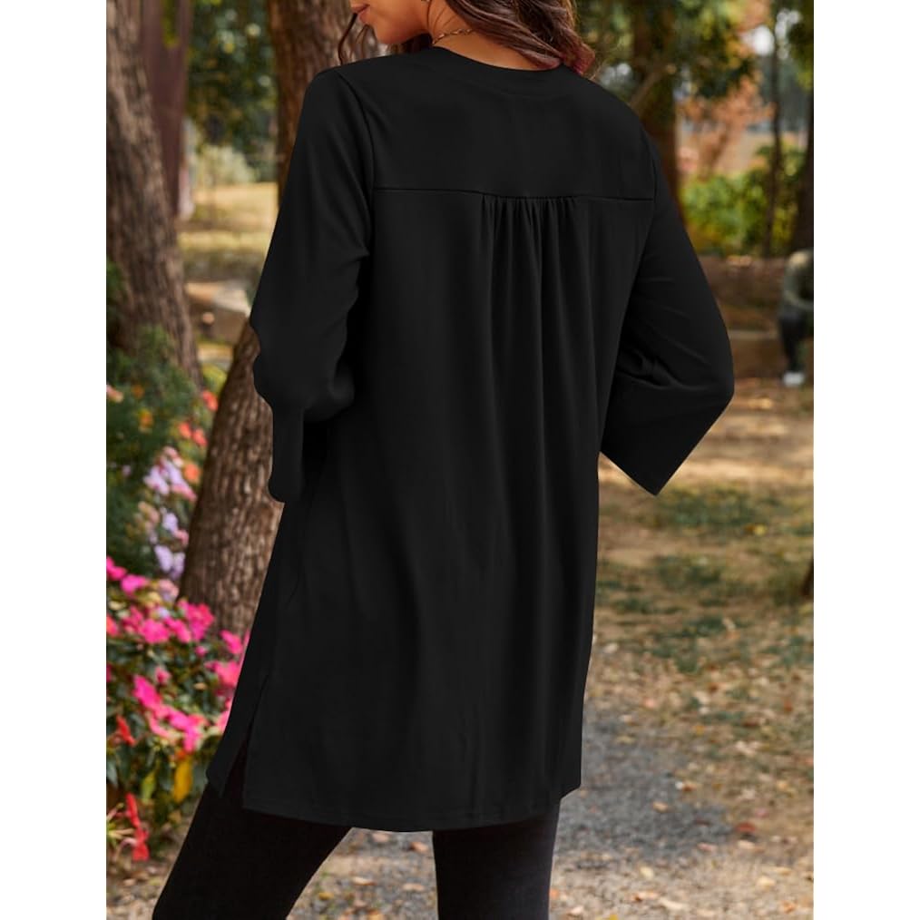 Womens Tunic Tops 3/4 Bell Sleeve Loose Fit Tunics Dressy Casual Side Split Flare Top for Leggings S-3XL