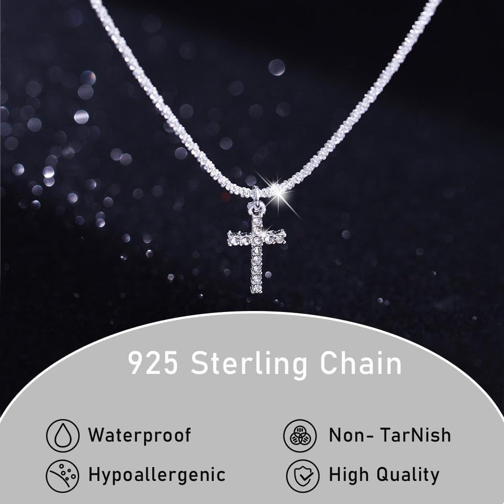 Yalice 925 Sterling Silver Sparkly Necklace Layered Dainty Chain Necklace Silver Cross Pendant Paperclip Necklaces Waterproof Minimalist Jewelry Gifts