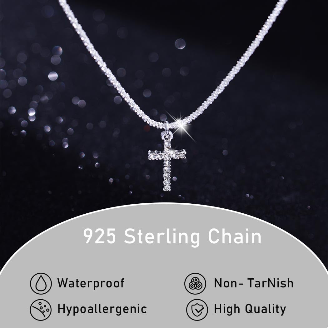 Yalice 925 Sterling Silver Sparkly Necklace Layered Dainty Chain Necklace Silver Cross Pendant Paperclip Necklaces Waterproof Minimalist Jewelry Gifts