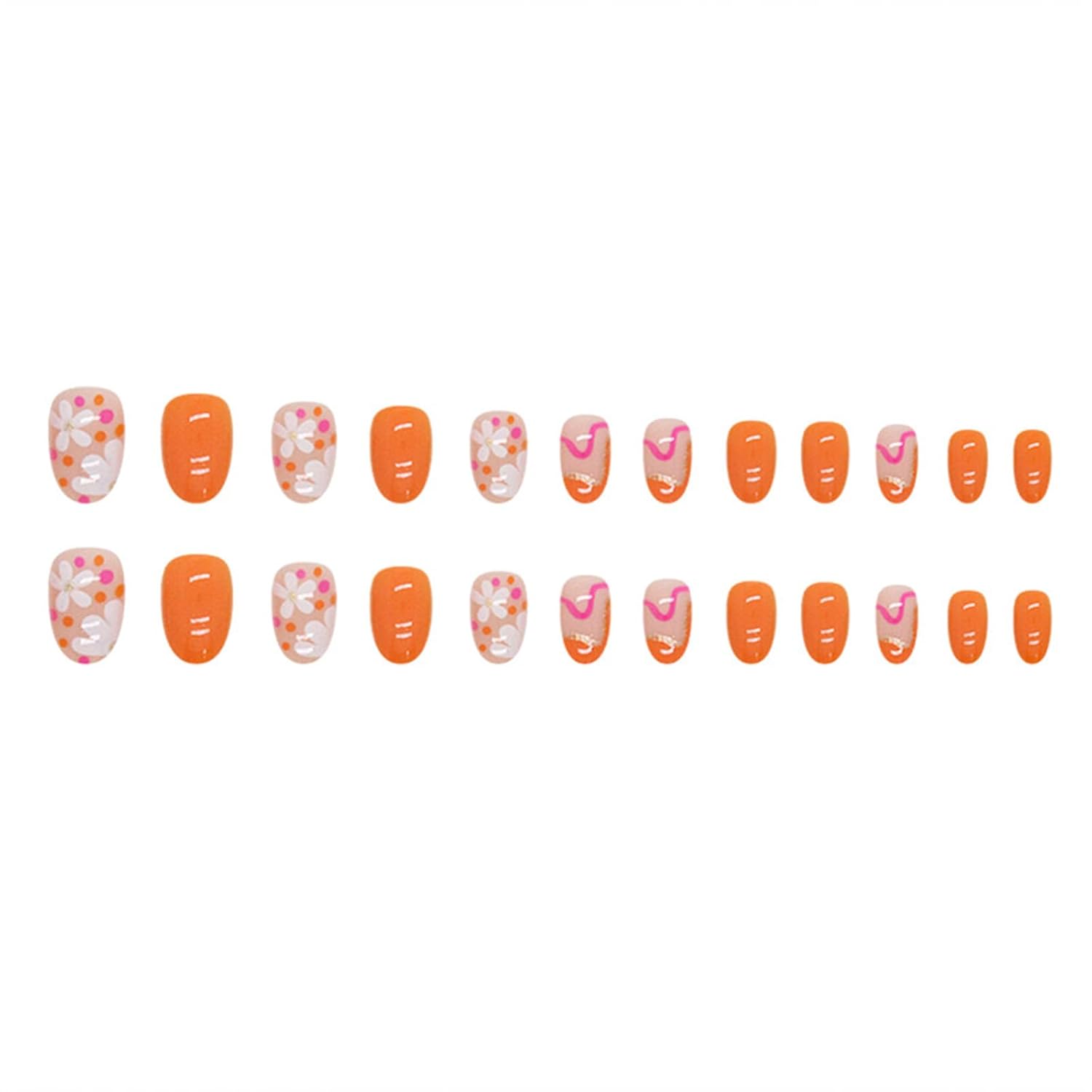 Short Almond Press on Nails Orange Flower Fake Nails Short Oval False Nails with Designs Line Glitter Glue on Nails Full Cover Acrylic Nails Stick on Nails for Women Girls Decoration 24Pcs