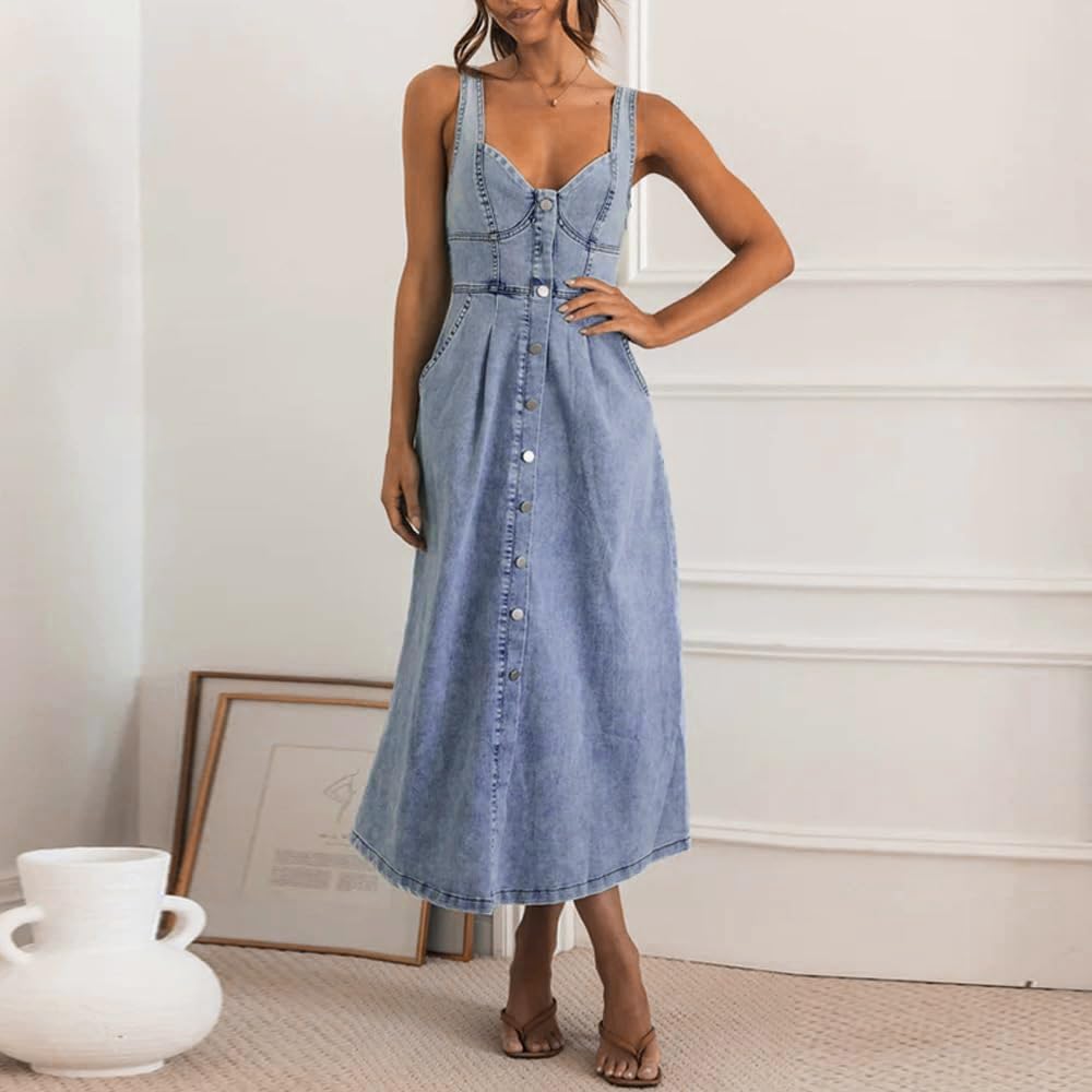 Utcoco Denim Dress For Women Sleeveless Button Down Slim Fit Midi Jean Dresses For Women 2026