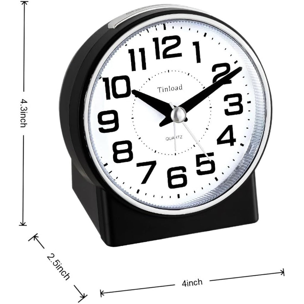 Tinload 4.3" No Ticking Analog Alarm Clock,Silent Readable For Seniors,Easy To Set,Gradual Rise Alarm,Big Numbers,On/Off Switch On Side,Gentle Wake,Snooze,Lighted On Demand,Battery Operated,Black