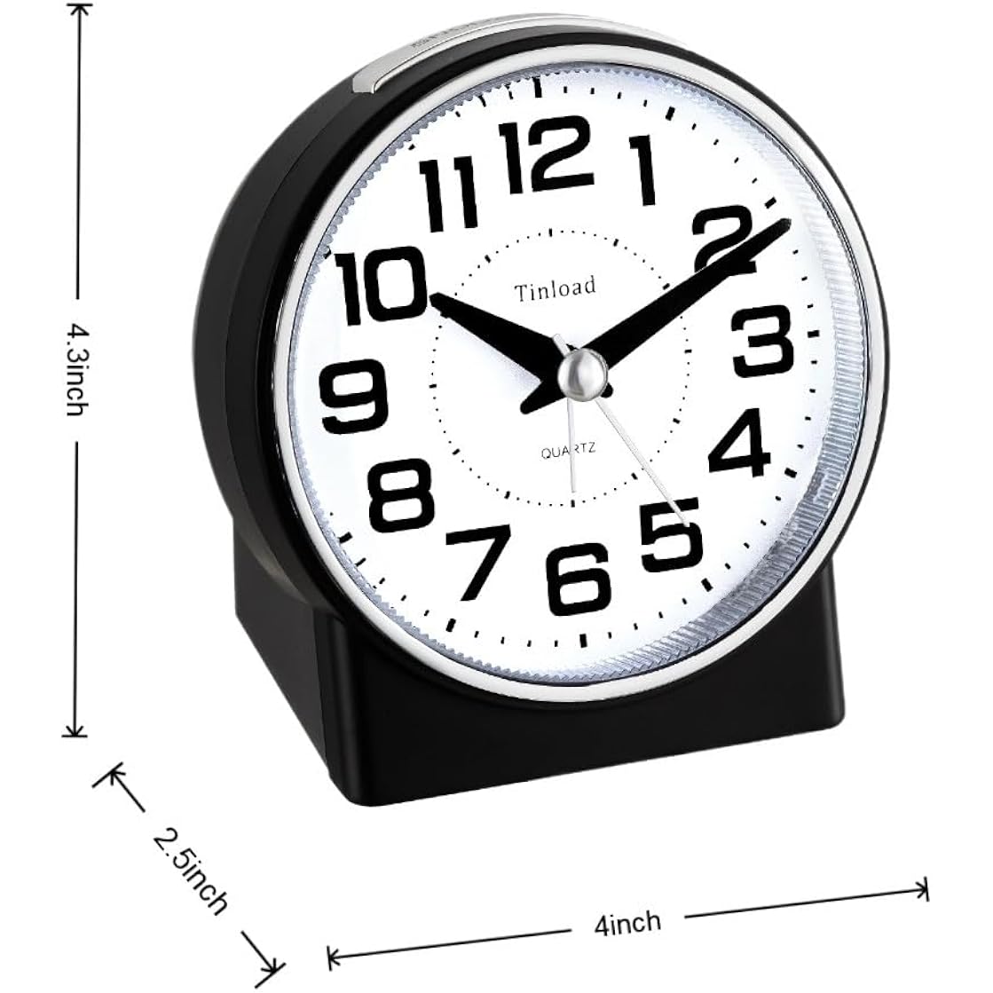 Tinload 4.3" No Ticking Analog Alarm Clock,Silent Readable For Seniors,Easy To Set,Gradual Rise Alarm,Big Numbers,On/Off Switch On Side,Gentle Wake,Snooze,Lighted On Demand,Battery Operated,Black