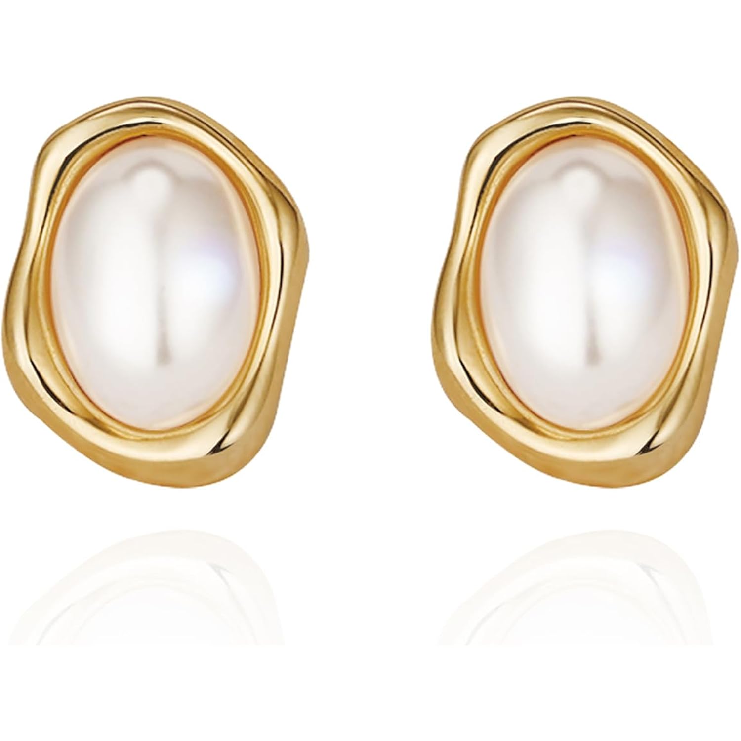Vintage Pearl Earrings Chunky 14K Gold Plated Pearl Earrings for Women Oval Stud Non Tarnish