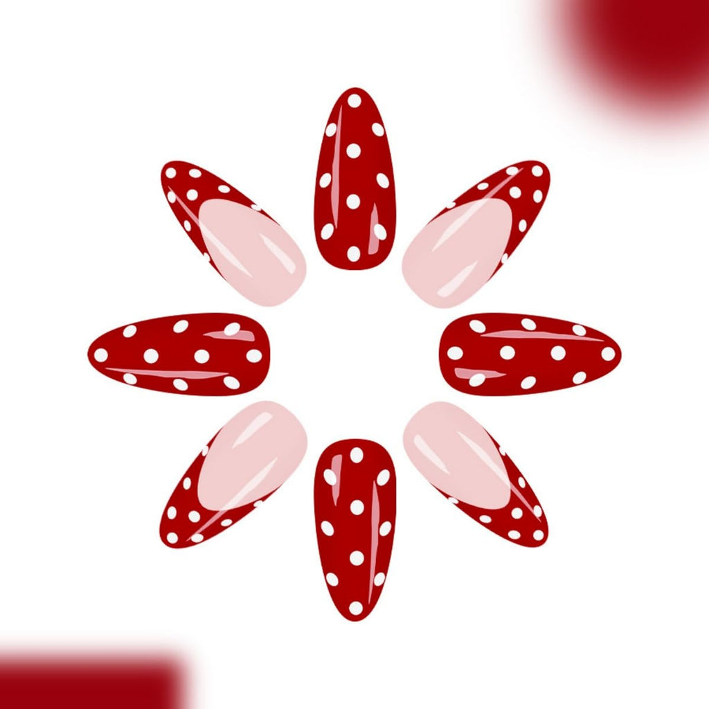 24Pcs French Tip Press on Nails Medium Almond Fake Nails with White Polka Dot Designs Stick on Nails Red Nails Press Ons Reusable Acrylic Glue On Nail for Women Nail Art Decoration