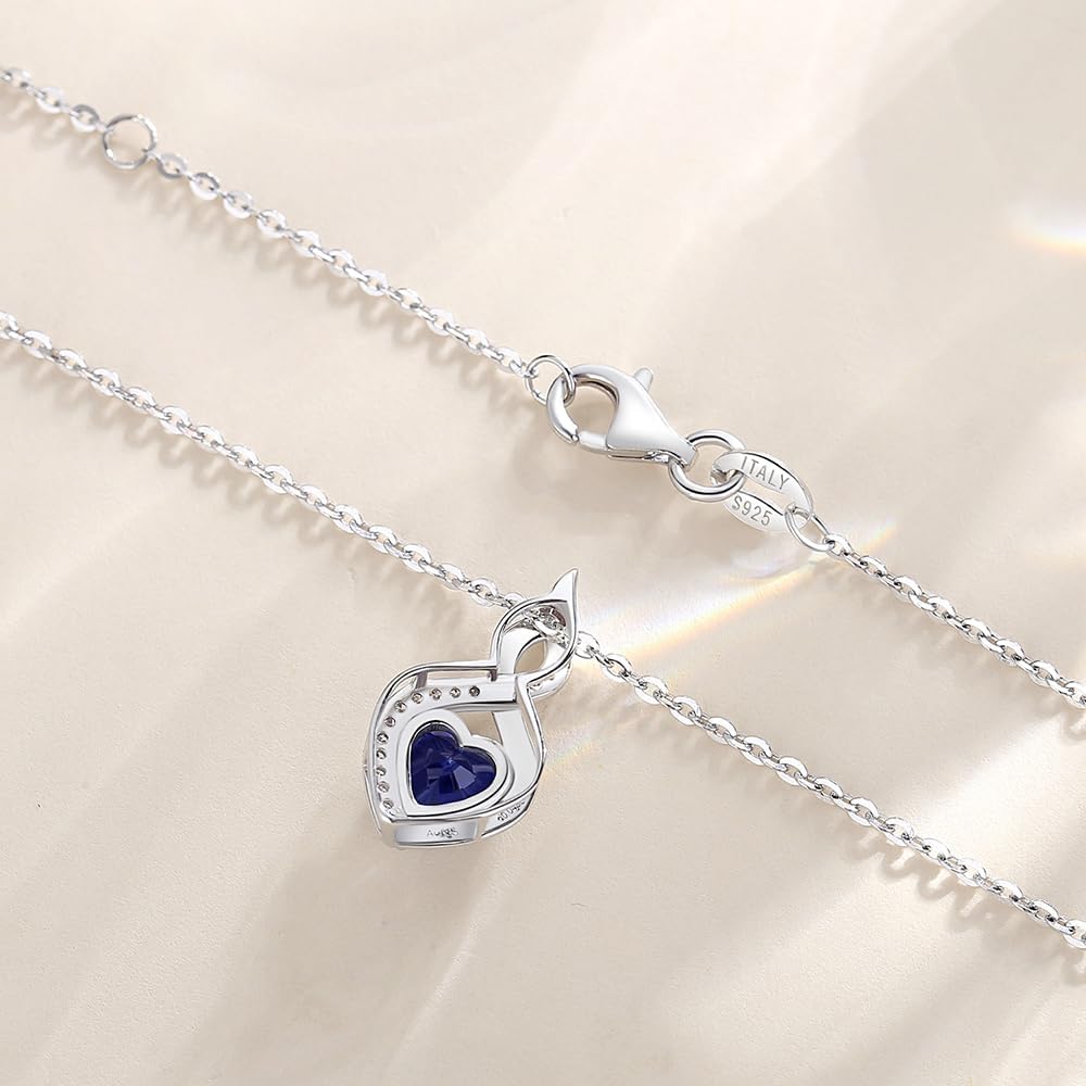 FANCIME 14K Solid White Gold Heart Birthstone Necklace with Diamond Pendent Birthday Gifts for Mom Women, Sterling Silver Chain 16" + 2" Extender