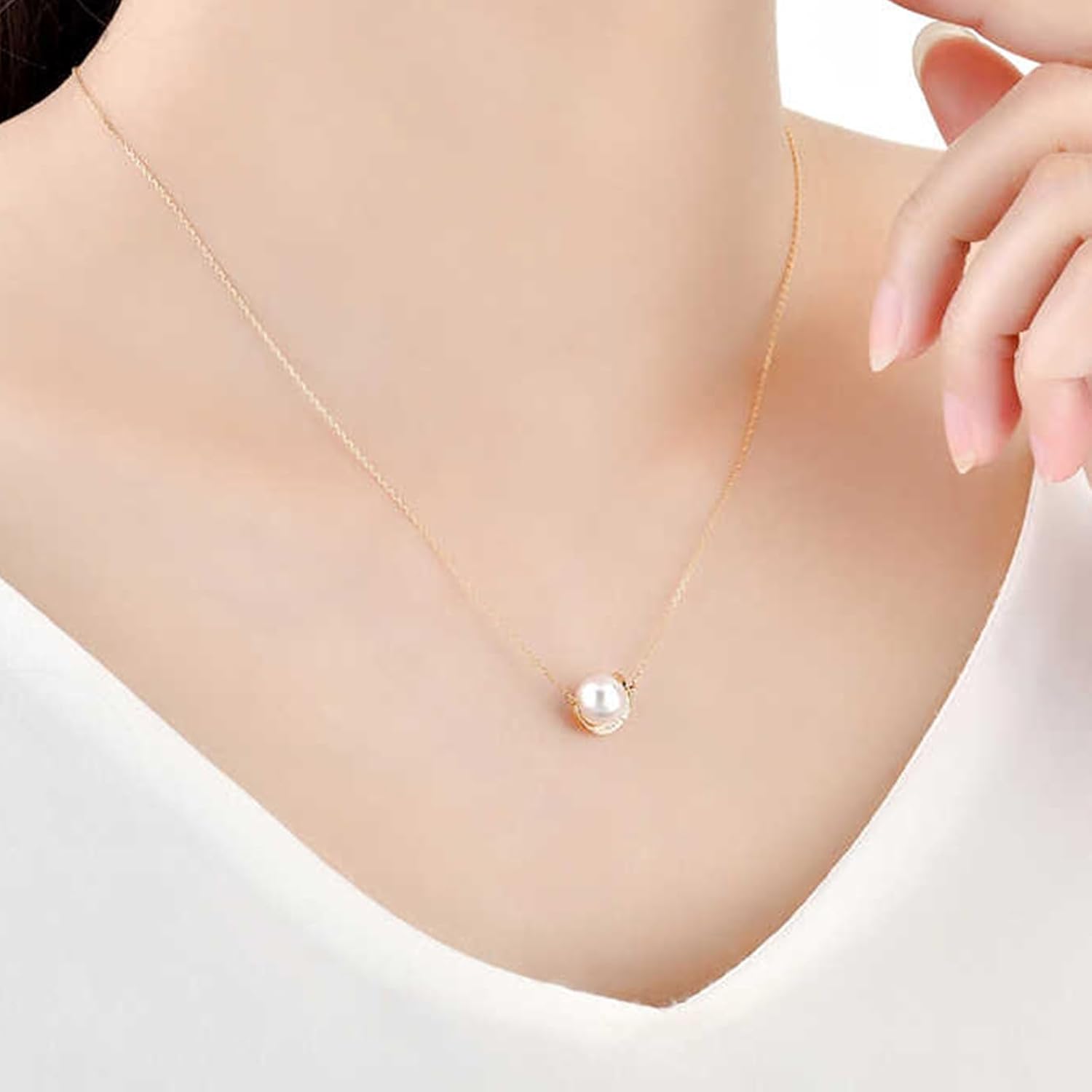 Pearl Necklace Yellow Gold 9K/14K/18K for Women, Elegant Moon Collier Necklace Real Gold with 7.5-8mm Saltwater Pearl and Diamonds